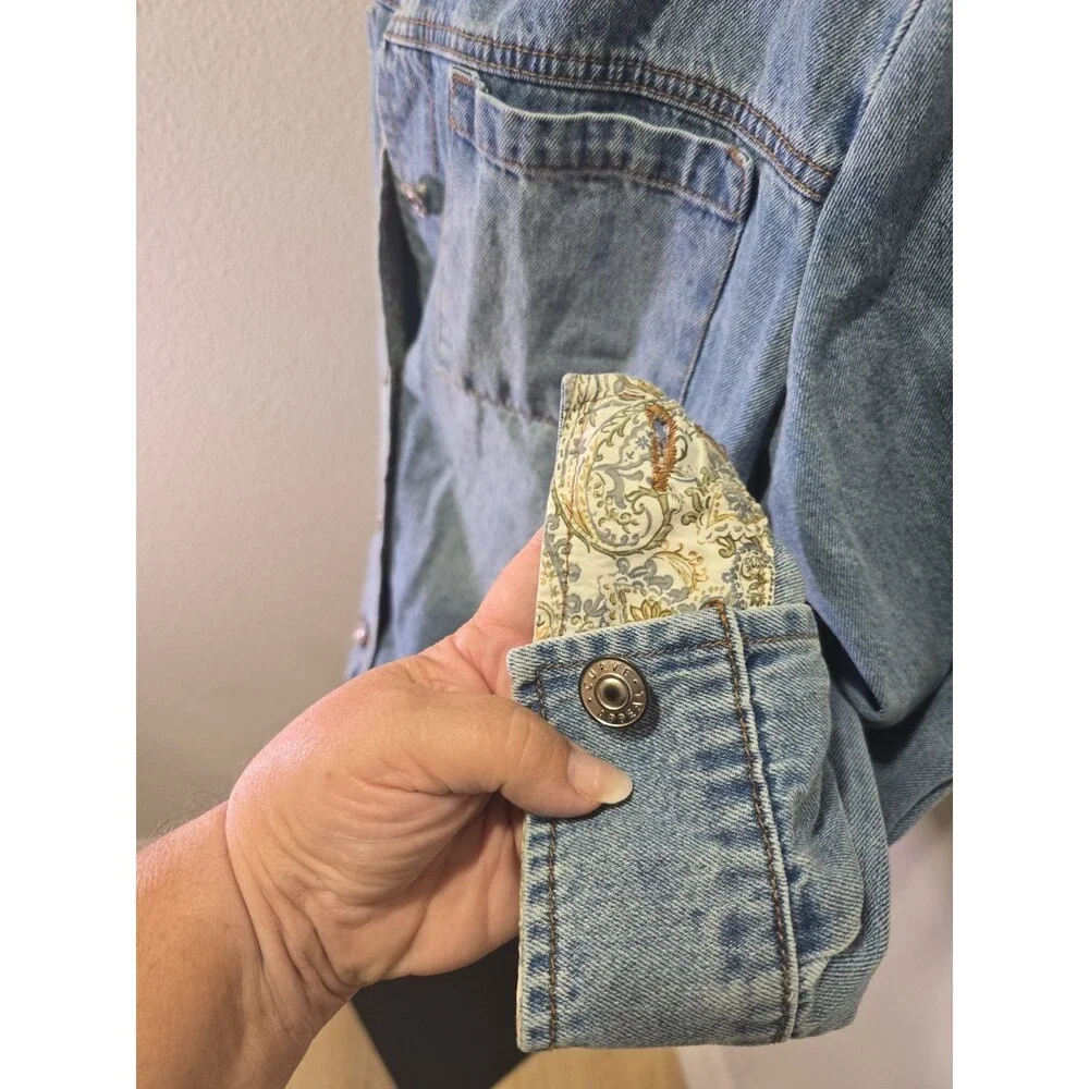 Upcycled Denim Jean Jacket Womens XL Blue Quilt Square Coastal Grandma Folk Art